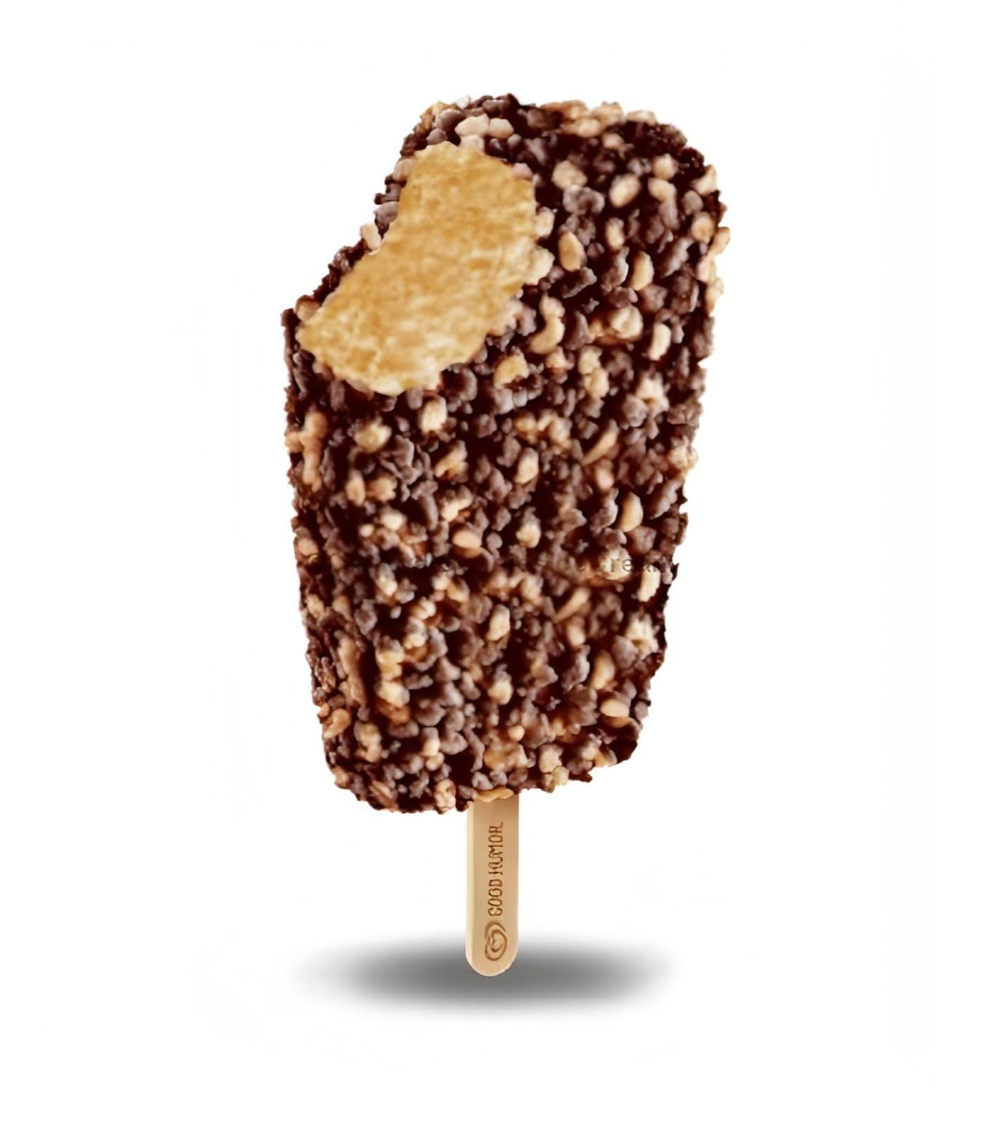 Chocolate-covered ice cream bar coated with crunchy nuts on a wooden stick, perfect for a refreshing treat.
