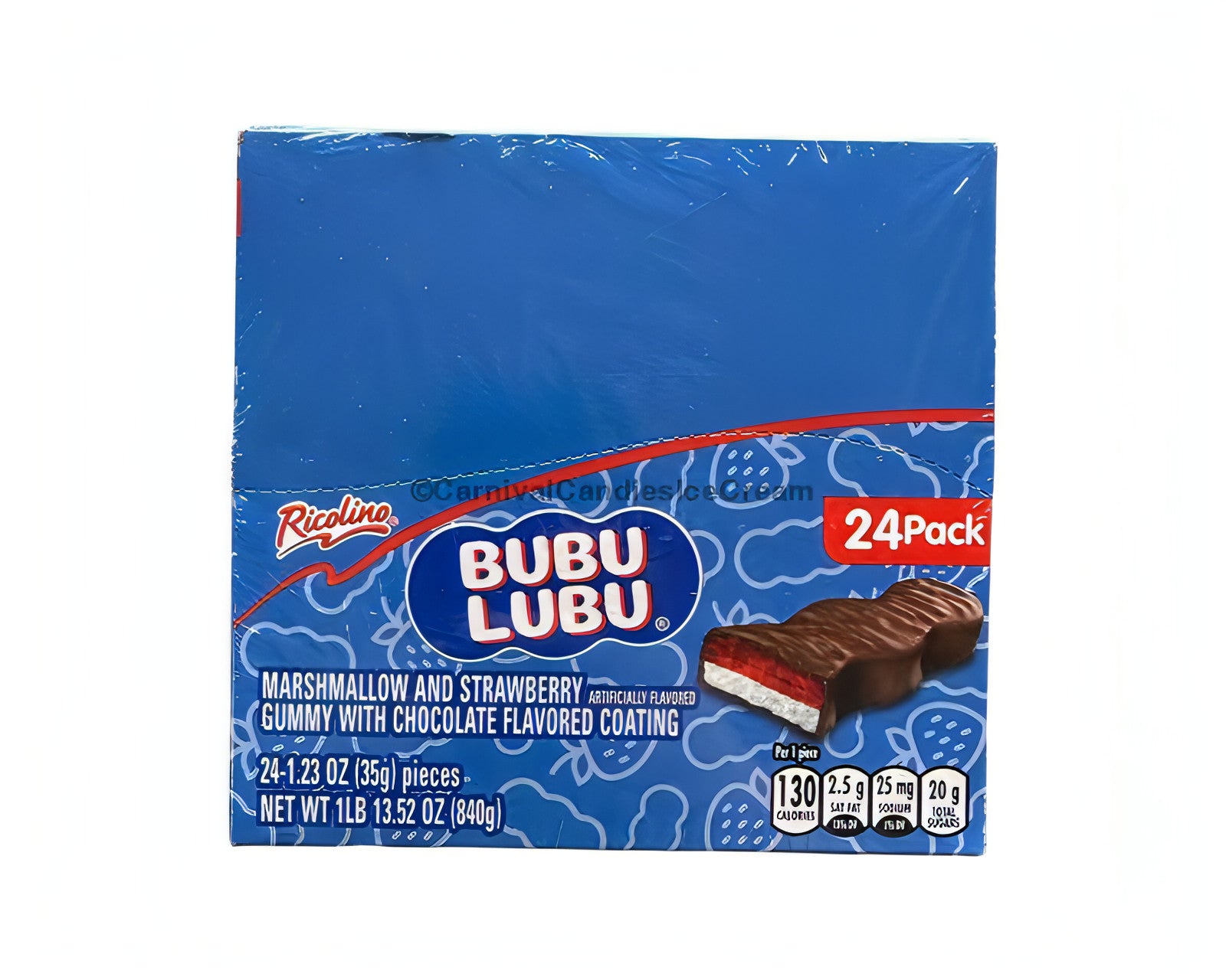 Ricolino Bubu Lubu 24 Count pack featuring strawberry marshmallow bars coated in chocolate, ideal bulk Mexican candy.