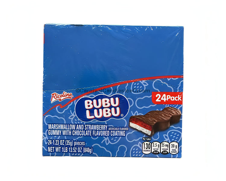 Ricolino Bubu Lubu 24 Count pack featuring strawberry marshmallow bars coated in chocolate, ideal bulk Mexican candy.