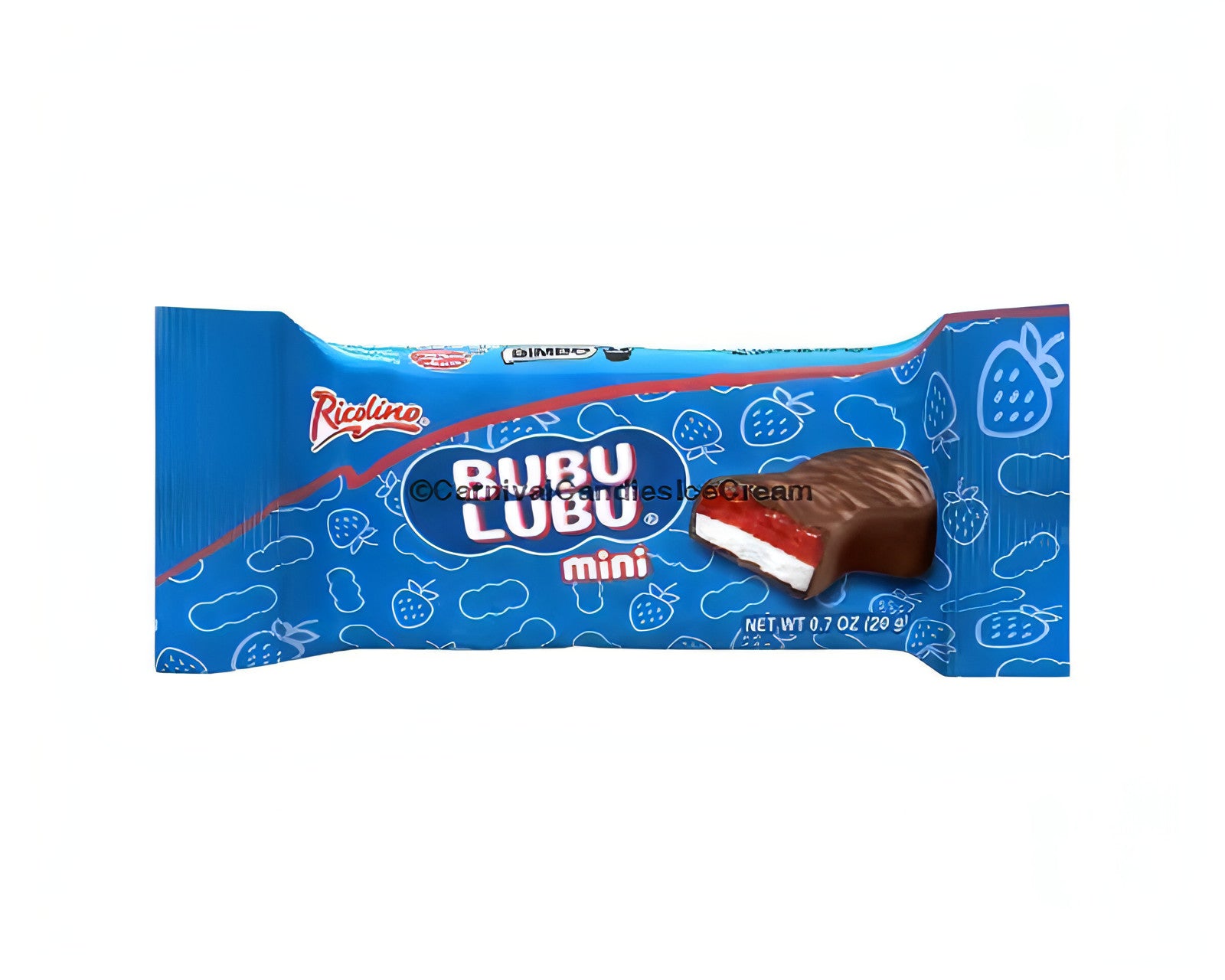 Ricolino Bubu Lubu Mini chocolate bar package featuring strawberry and marshmallow filling, ideal for bulk Mexican candy.