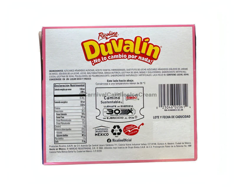 Ricolino Duvalin Strawberry-Hazelnut Mexican candy packaging, showcasing nutritional info and brand details.