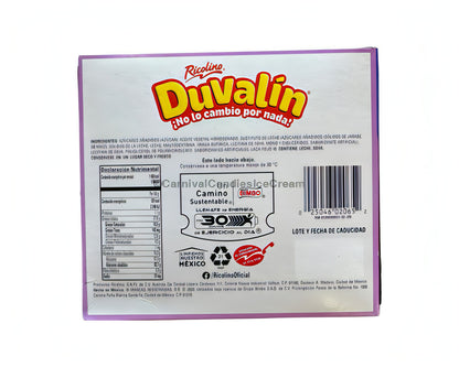 Ricolino Duvalin Vanilla-Strawberry 18 Count packaging, a bulk Mexican candy with nutritional information on the back.