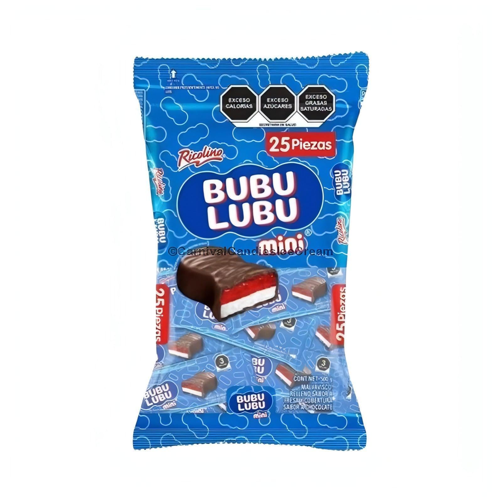 Ricolino Mini Bubu Lubu Chocolate Marshmallow pack, 25 count, featuring delightful Mexican candy for snacking or sharing.