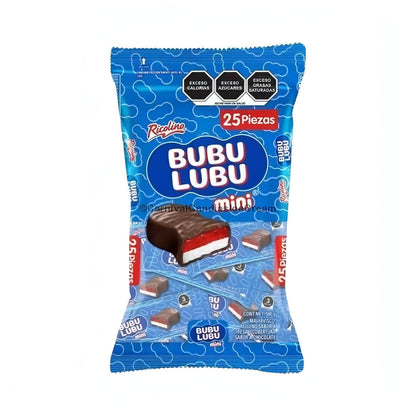Ricolino Mini Bubu Lubu Chocolate Marshmallow pack, 25 count, featuring delightful Mexican candy for snacking or sharing.
