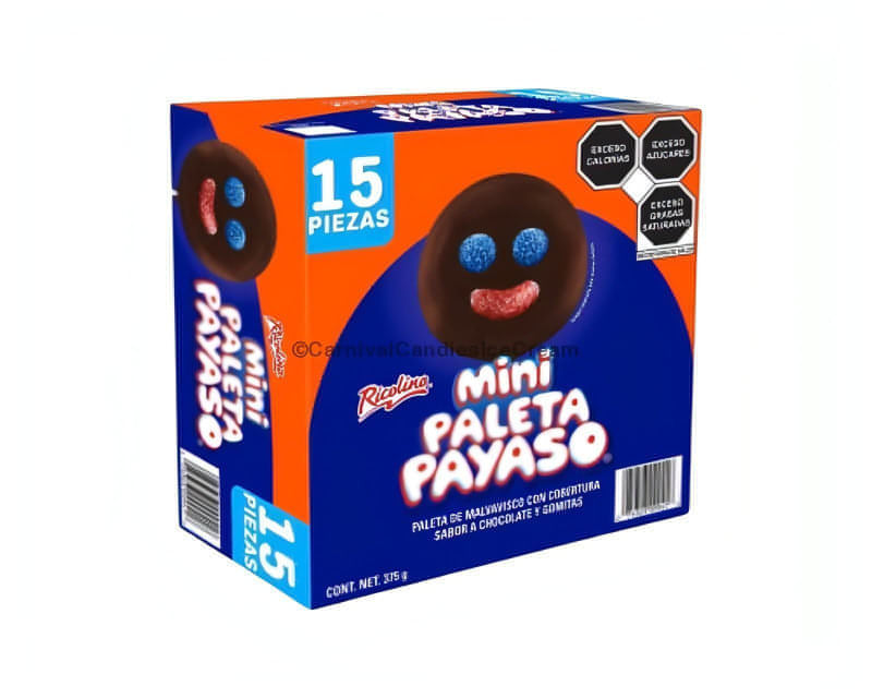 Ricolino Mini Paleta Payaso box featuring 15 count marshmallow lollipops in bulk Mexican candy package.