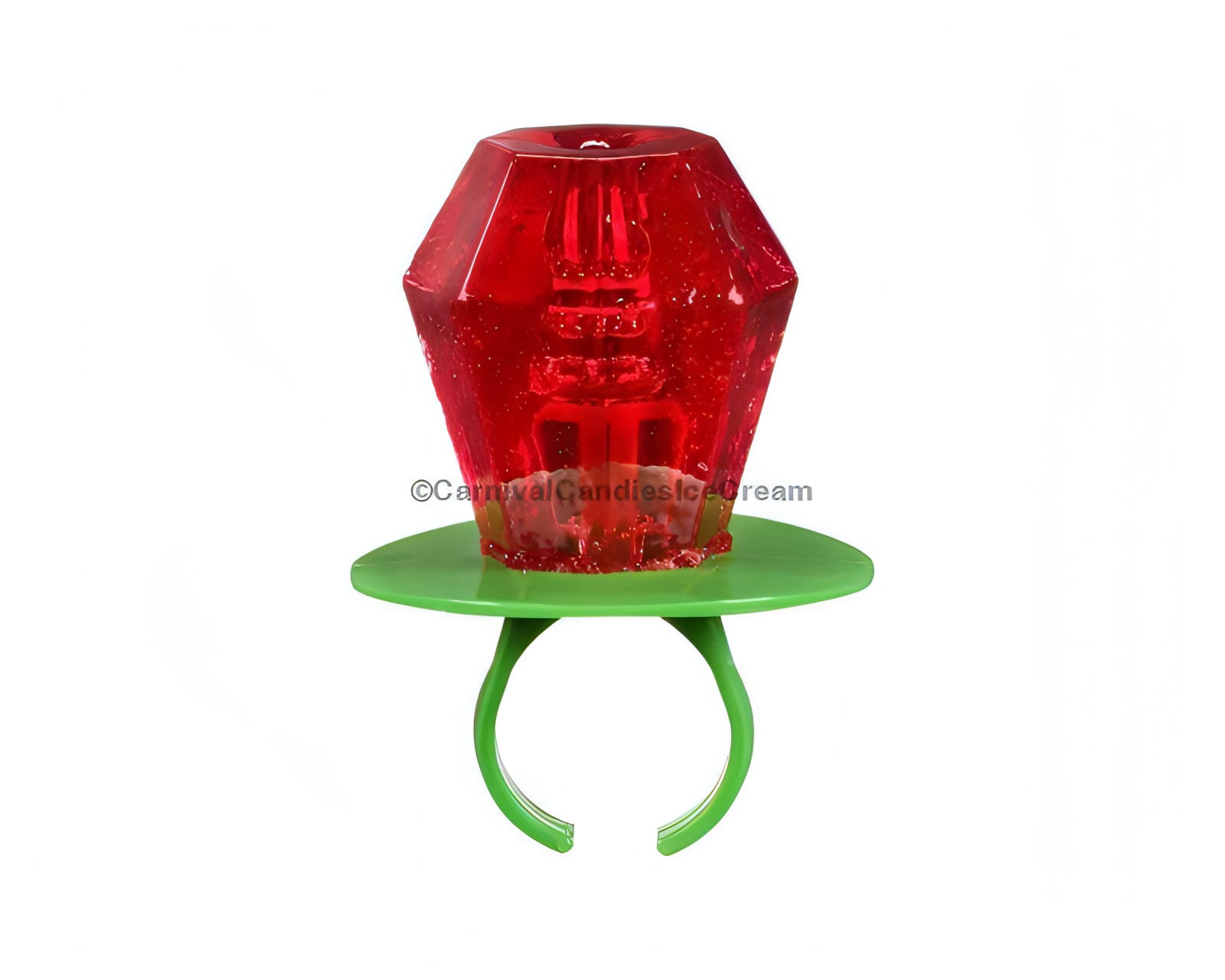Colorful red Ring Pop candy mounted on a green plastic ring, representing bulk American candy.