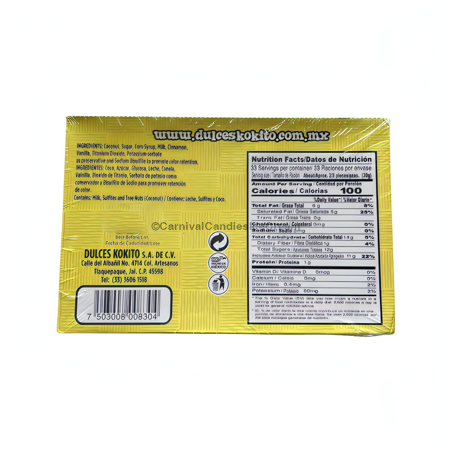 Back packaging of Rollos De Roko Coconut Candy with nutritional facts and ingredients list. Perfect for bulk Mexican candy lovers.