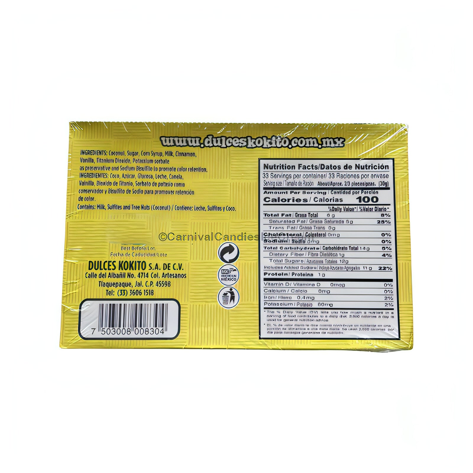 Back packaging of Rollos De Roko Coconut Candy with nutritional facts and ingredients list. Perfect for bulk Mexican candy lovers.