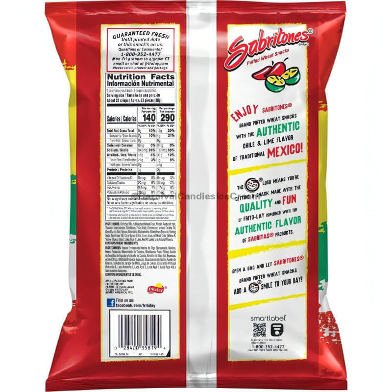 Sabritones Chili & Lime 2 oz pack, puffed wheat snacks by Frito Lay with bold chili and lime flavor, perfect for snacking.