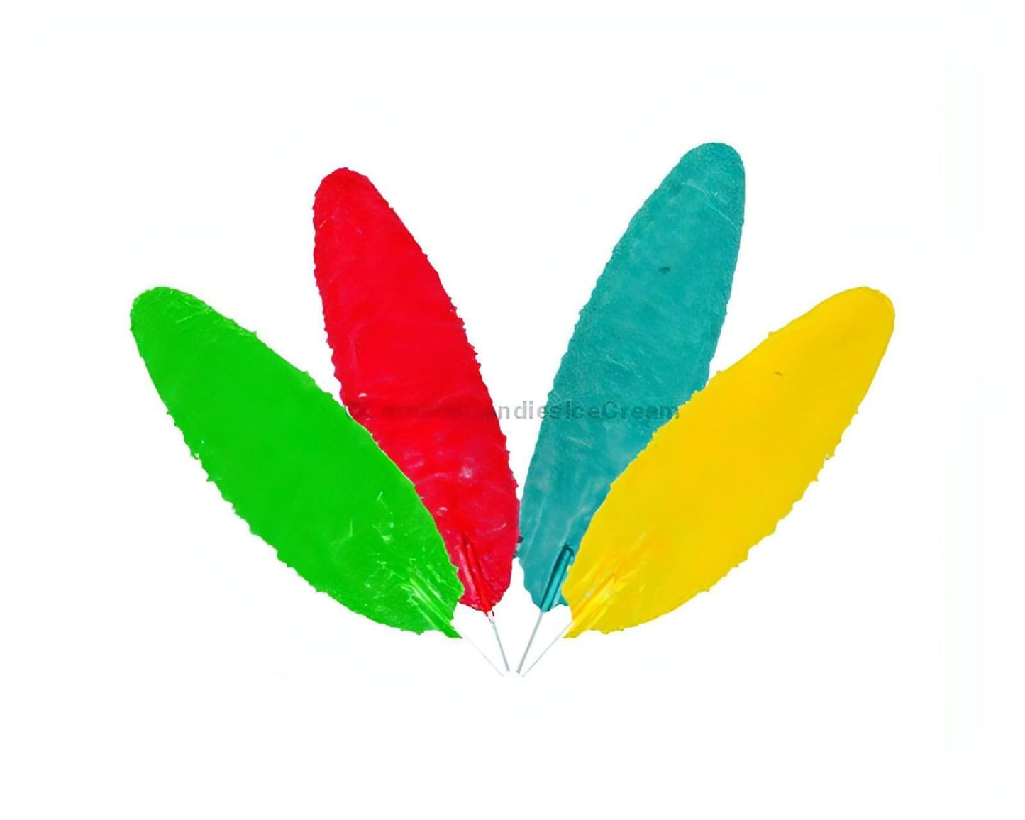 Colorful soft candy lollipops in mango, green apple, watermelon, and tamarind blue flavors. Bulk Mexican candy.