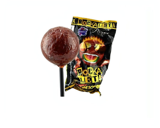 Sonrics Rockaleta Tamarindo Lollipop with chili powder coating and gum center, Mexican candy bulk, 20 count.