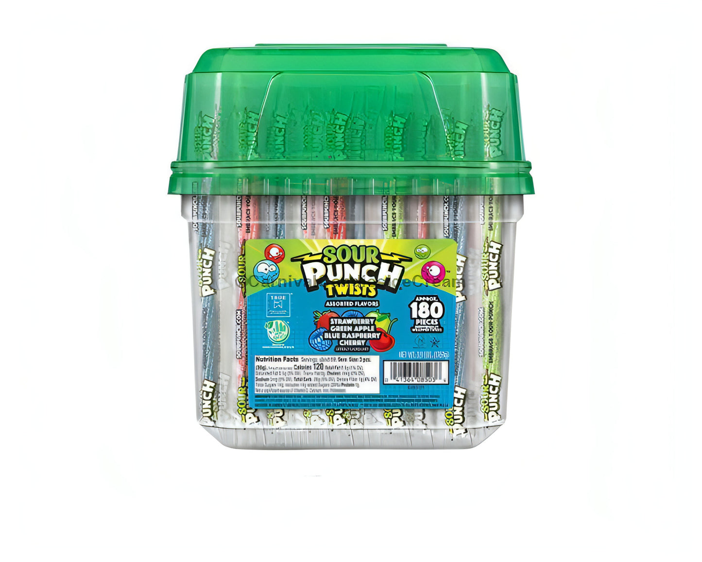 Sour Punch Twists 180 count tub, featuring fruity flavors in bulk for a chewy, tangy candy experience.