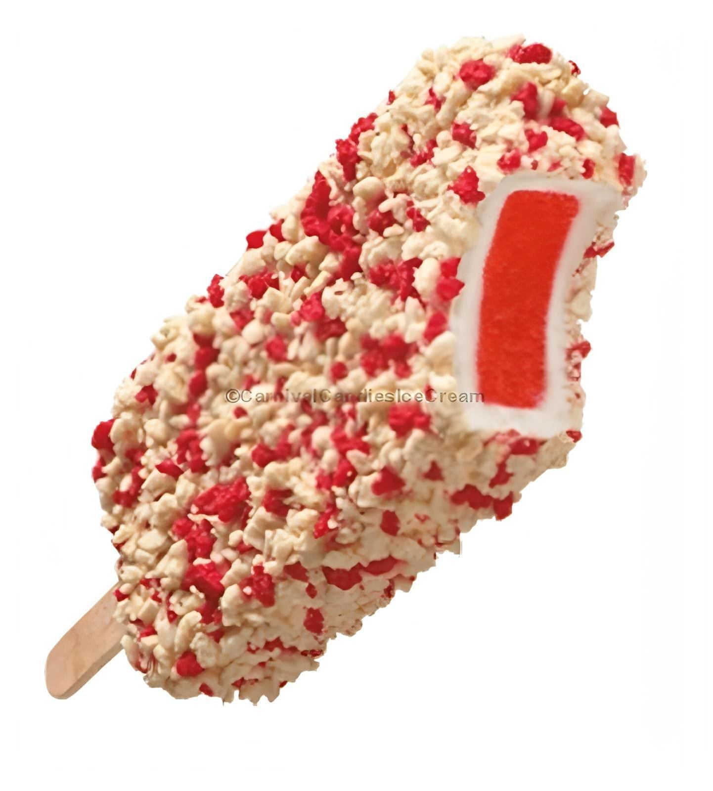 Strawberry Shortcake Bar K.S, ice cream treat with red filling and crunchy coating, available in bulk for local pick-up only.