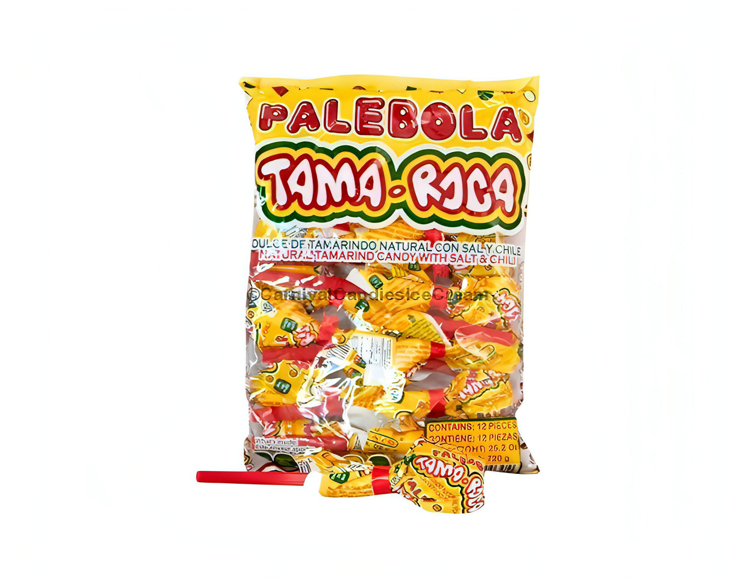 Tama-Roca Palebola lollipop pack featuring 16 tamarindo flavored candies with salt and chili, ideal for bulk Mexican candy.