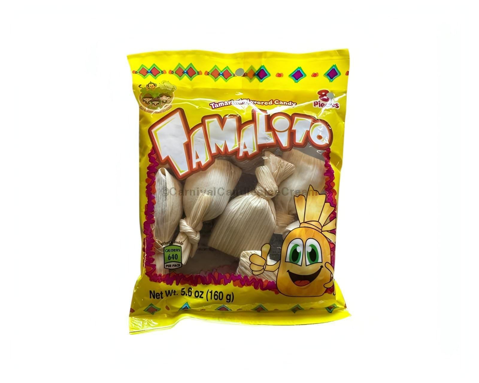 Tamalito tamarind-flavored candy 8 count, sweet and tangy bulk Mexican candy in vibrant yellow packaging.