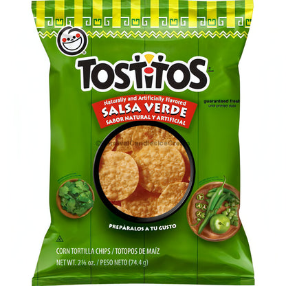 Tostitos Salsa Verde tortilla chips bag with green salsa and ingredients, ideal for dipping and enjoying with Frito Lay bulk chips.