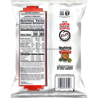 Tostitos Salsa Verde nutrition facts label showcasing ingredients and serving size, perfect for Frito Lay bulk chips case.