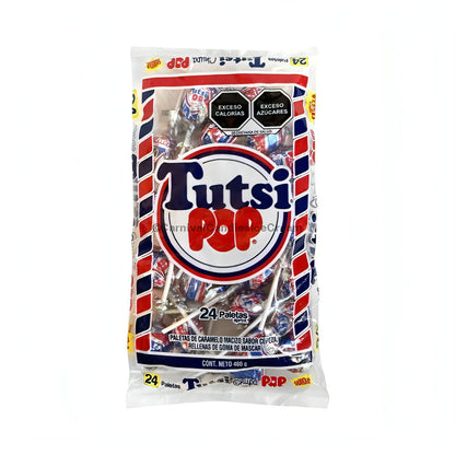 Tutsi-Pop Cherry Flavor Lollipop pack containing 24 pieces, ideal for sharing and satisfying sweet cravings, bulk Mexican candy.
