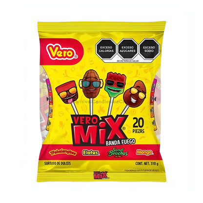 Vero Banda Fuego Mexican Candy Lollipop Mix featuring colorful spicy lollipops in a 20 count package.
