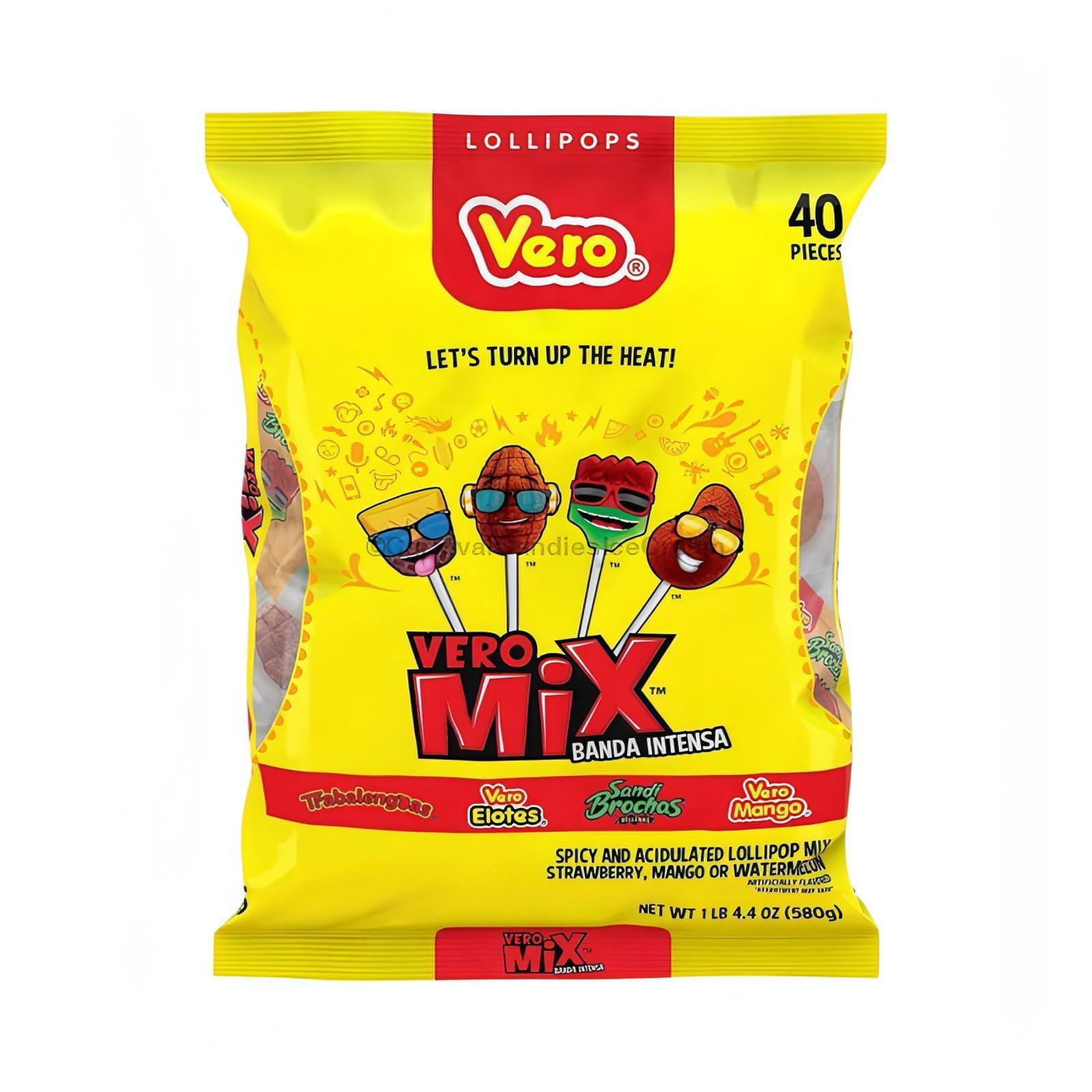 Vero Banda Intensa Lollipop Mix featuring strawberry, mango, and watermelon flavors, 40 pieces of Mexican candy.