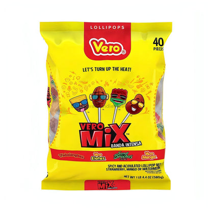 Vero Banda Intensa Lollipop Mix featuring strawberry, mango, and watermelon flavors, 40 pieces of Mexican candy.