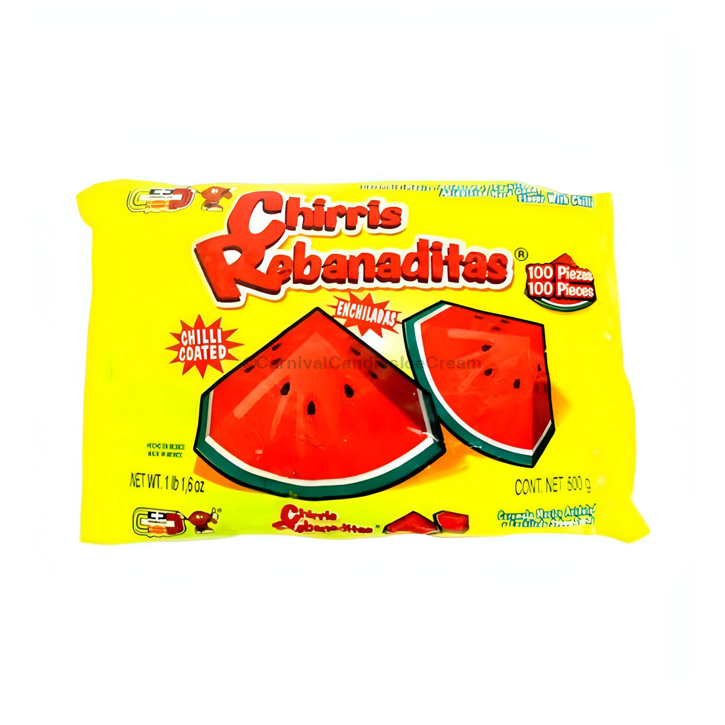 Vero Chirris Rebanaditas Chili Watermelon Hard Candy pack, 100 count, featuring chili-coated watermelon slices, ideal Mexican candy bulk.