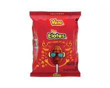 Vero Elote Mexican candy lollipop package featuring strawberry flavor and chili coating, 40 count.