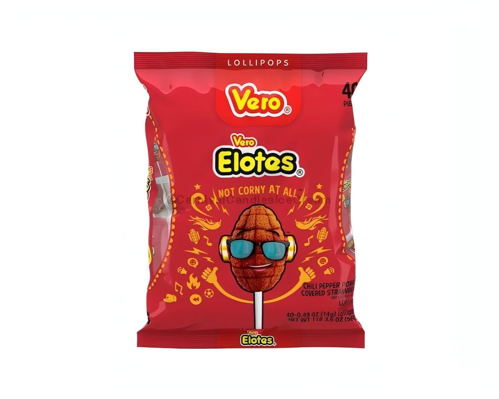 Vero Elote Mexican candy lollipop package featuring strawberry flavor and chili coating, 40 count.