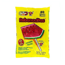 Vero Rebanaditas Watermelon Chili Lollipop pack featuring 40 pieces of sweet and spicy Mexican candy bulk.