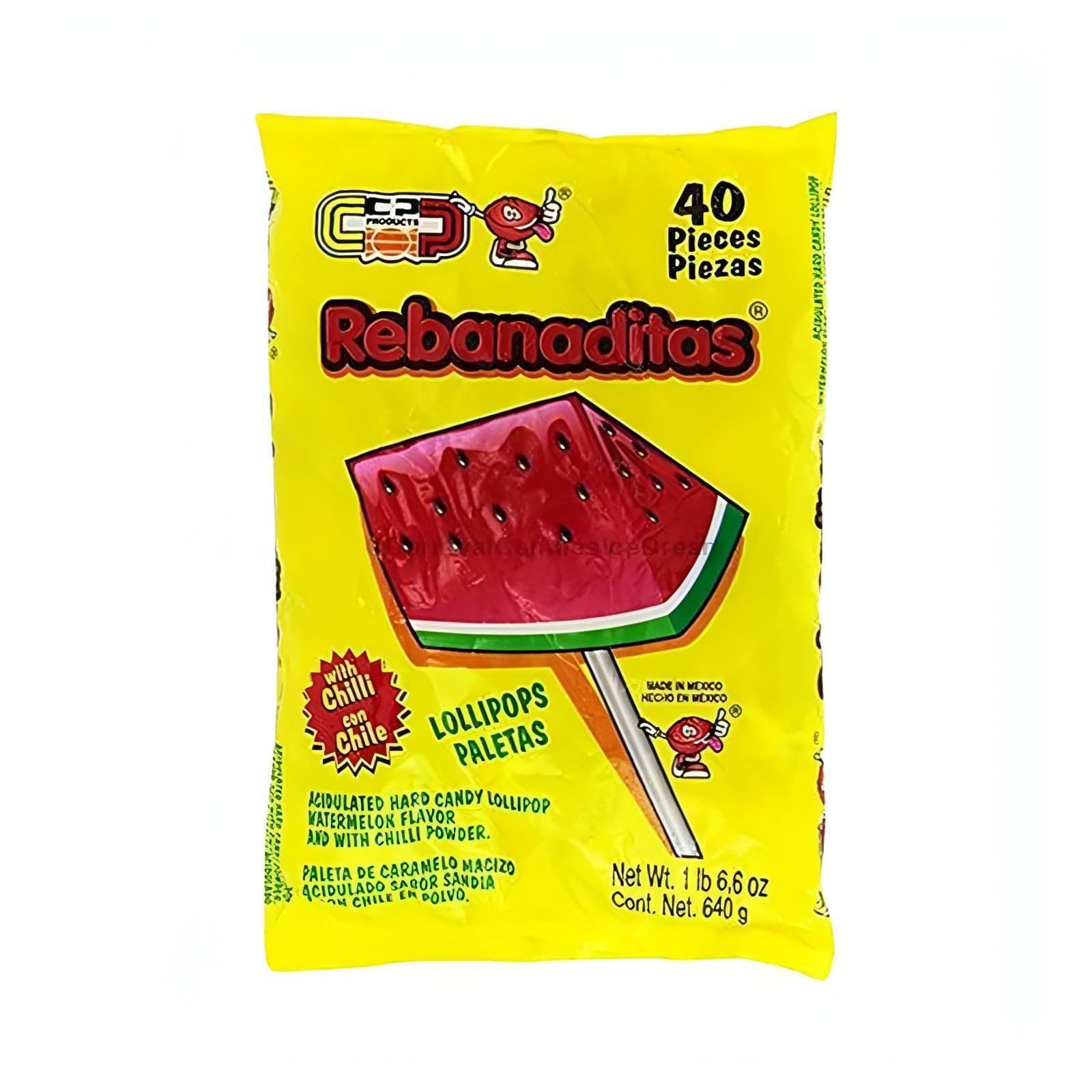 Vero Rebanaditas Watermelon Chili Lollipop pack featuring 40 pieces of sweet and spicy Mexican candy bulk.