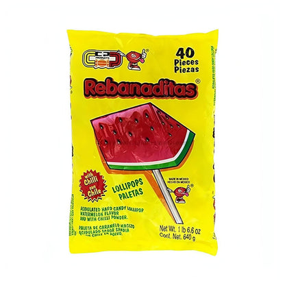 Vero Rebanaditas Watermelon Chili Lollipop pack featuring 40 pieces of sweet and spicy Mexican candy bulk.