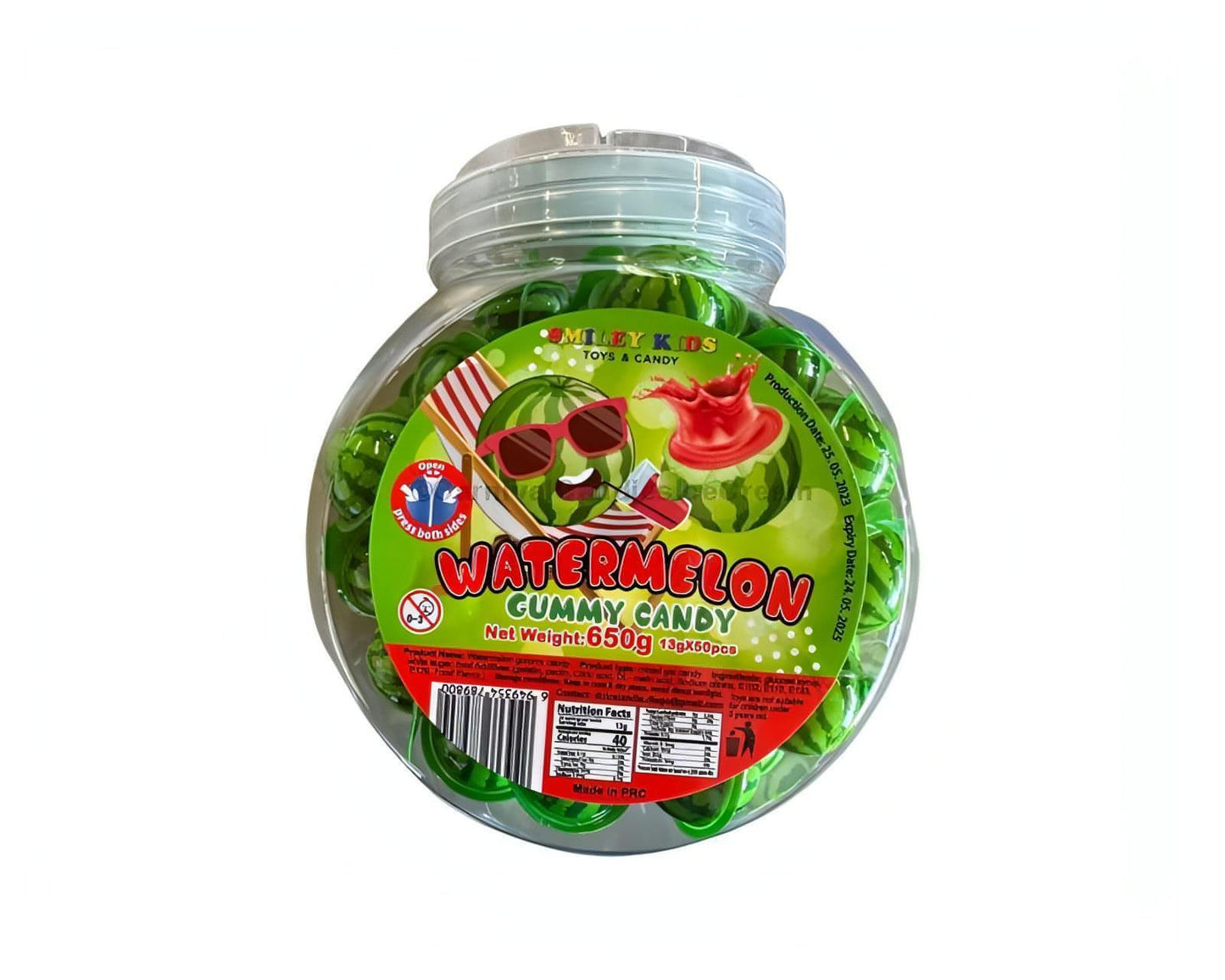 Watermelon Gummy Candy jar packaging with vibrant colors and clear label showcasing 50 count gummies.
