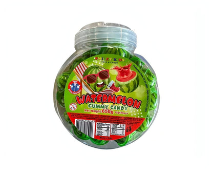 Watermelon Gummy Candy jar packaging with vibrant colors and clear label showcasing 50 count gummies.