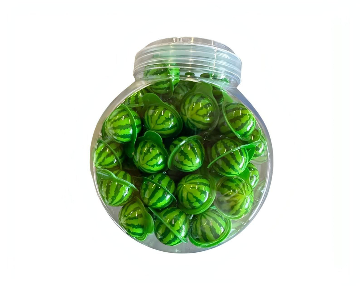 Colorful Watermelon Gummy Candy in a clear jar, featuring bright green and red colors, perfect for sweet treats.
