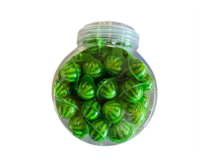 Colorful Watermelon Gummy Candy in a clear jar, featuring bright green and red colors, perfect for sweet treats.