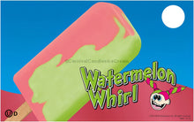 Watermelon Whirl Bar in vibrant colors on a blue background, perfect for bulk ice cream purchases. Local pick-up only.