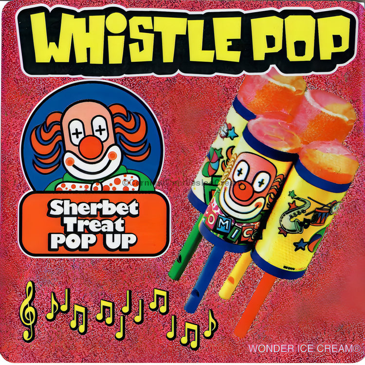 Whistle Pop ice cream treats with clown design, available in bulk (12 or 24 count), local pick-up only.